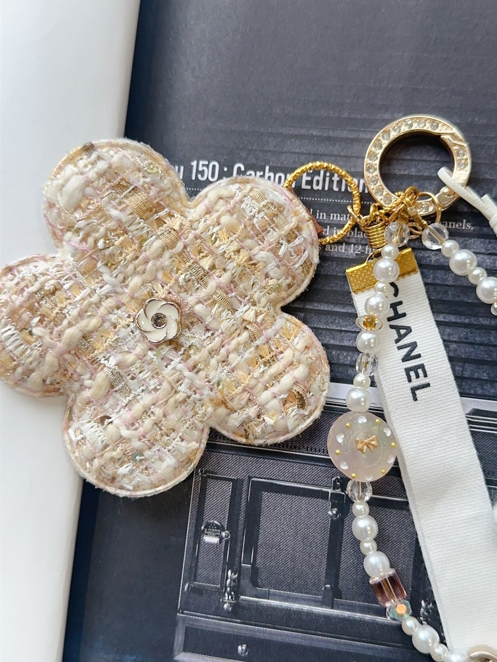 Authentic CC Ribbon With handmade Pearl, Beads & Tweed Camellia Dress Bag Charm - Picture 5 of 5